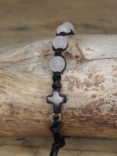 różaniec z kwarcu różowego * bransoletka pleciona makrama