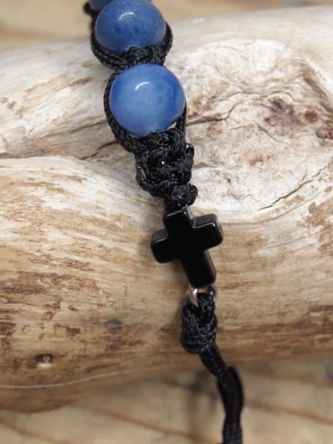 różaniec z kwarcu niebieskiego * bransoletka pleciona makrama