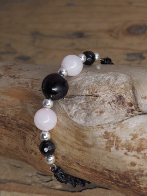 Czarny turmalin i kwarc różowy bransoletka * ochrona w miłości * makrama