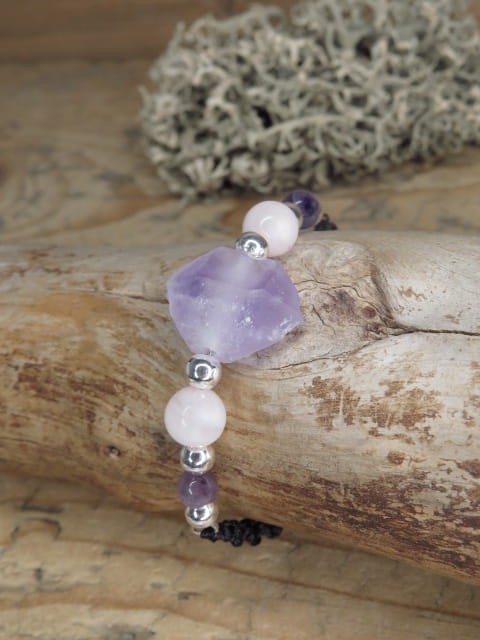 ametyst i kwarc różowy * bransoletka makrama
