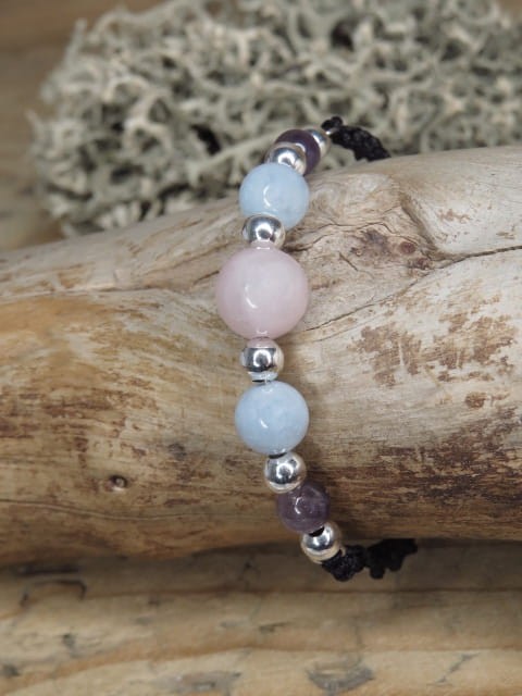 ametyst kwarc różowy akwamaryn * bransoletka makrama