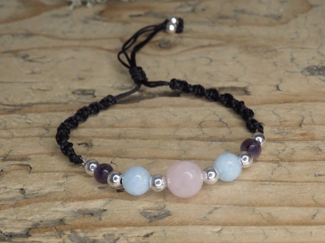 ametyst kwarc różowy akwamaryn * bransoletka makrama