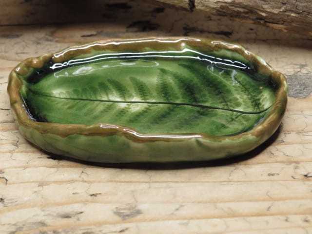 Ceramiczny talerzyk na biżuterię – zielony z liściem paproci