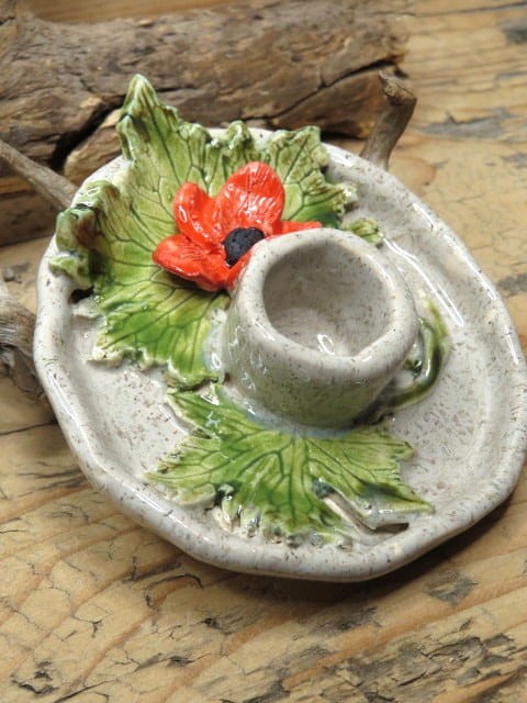 Świecznik ceramiczny - listki z kwiatkiem - ceramika ręcznie robiona