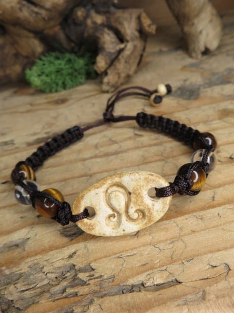 Bransoletka zodiakalna Lew z ceramiką i kamieniami – makrama, rękodzieło z Polski