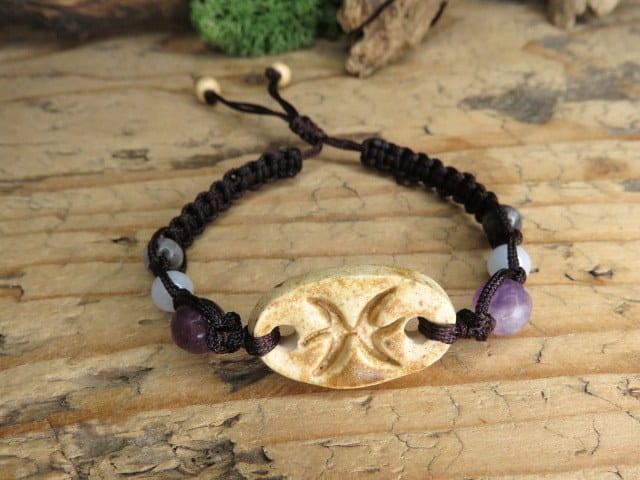 Bransoletka makrama Ryby – naturalne kamienie fluoryt, akwamaryn, labradoryt