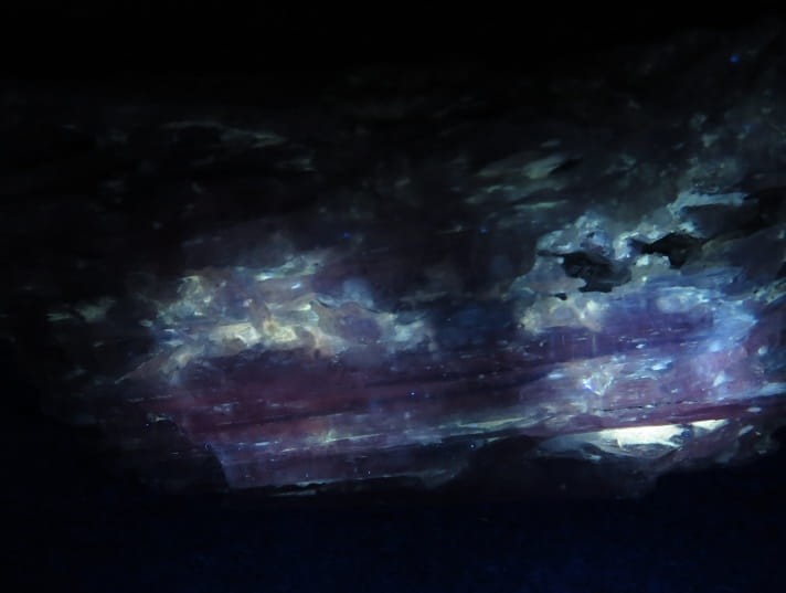Dysten (cyjanit) z Brazylii – naturalny, nieobrobiony minerał o intensywnej niebieskiej barwie, wykazujący fluorescencję UV.