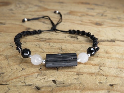 Czarny turmalin i kwarc różowy bransoletka * ochrona w miłości * makrama