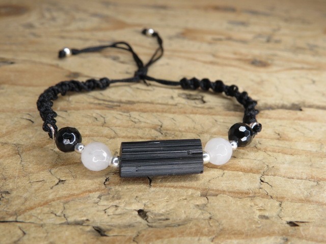 Czarny turmalin i kwarc różowy bransoletka * ochrona w miłości * makrama