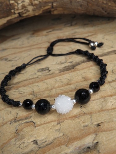 kryształ górski Serce Geody i turmalin* bransoletka ochronna makrama