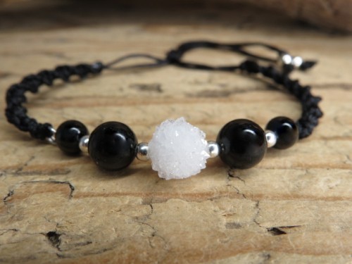 kryształ górski Serce Geody i turmalin* bransoletka ochronna makrama