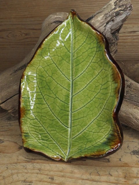 Ceramiczny talerzyk – liść w zieleni i brązie